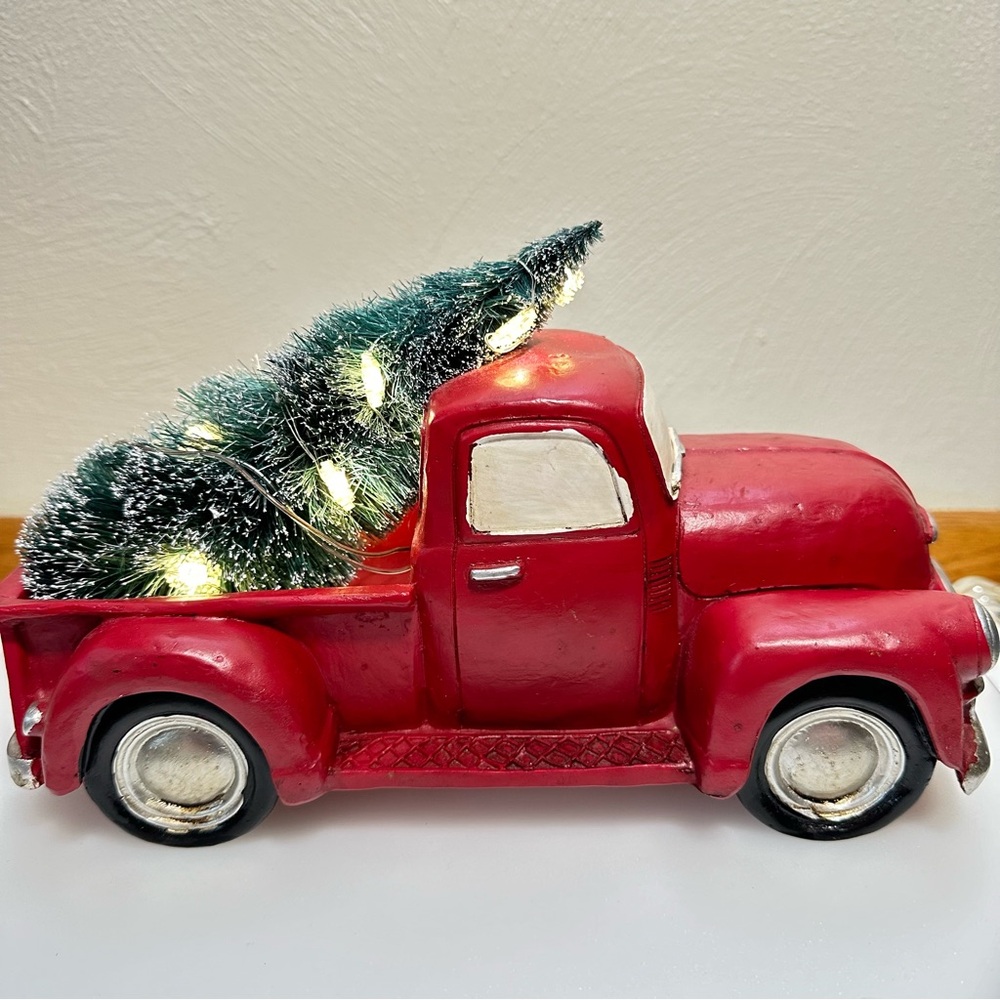 Hand Painted Ceramic Nostalgic Red Truck With Christmas Tree And LED Lights